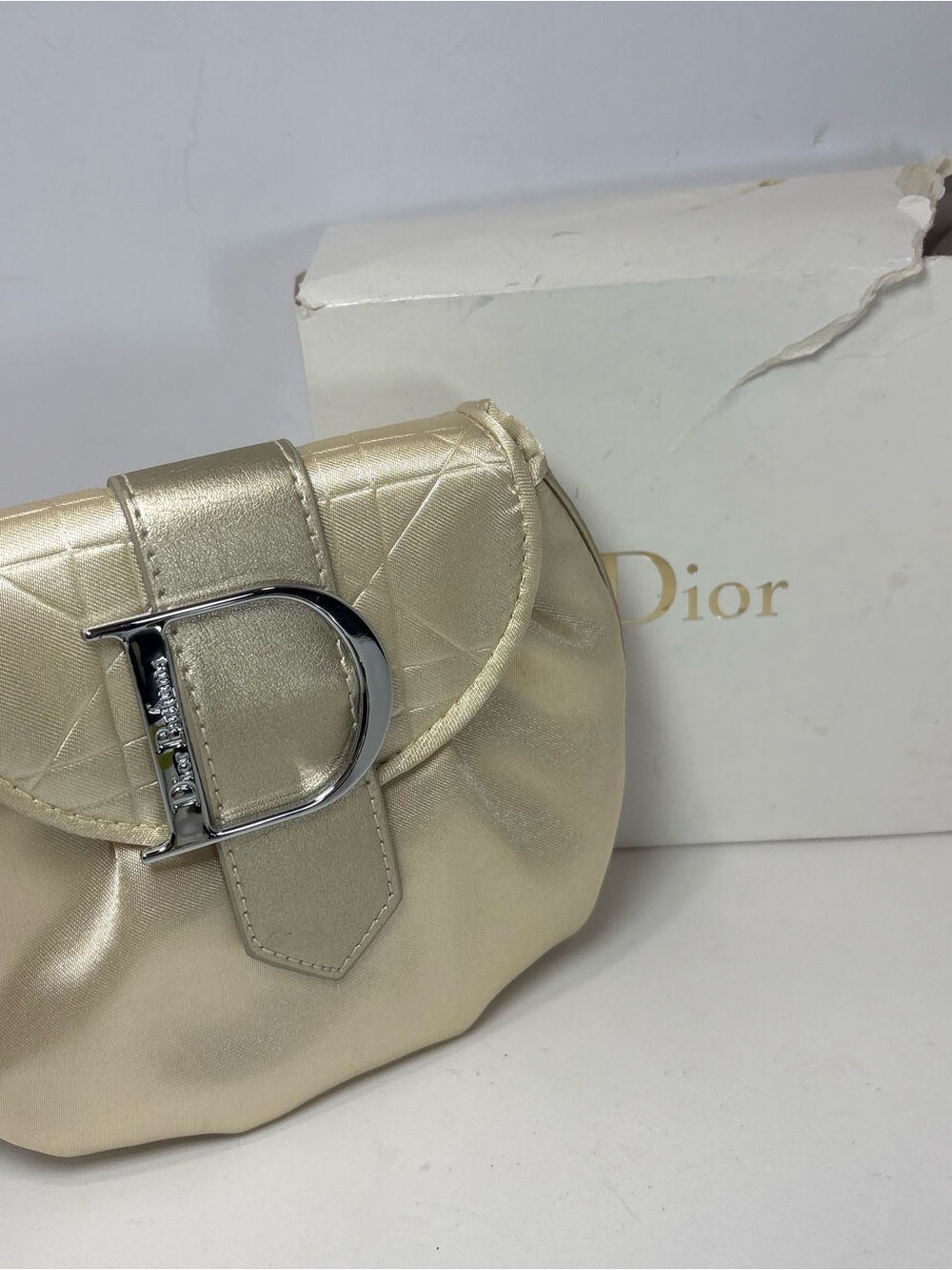 Dior Parfums Couture Satin Ivory Clutch Travel Bag Cosmetic Case Pouch W/Box